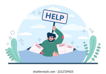 Concepto de deuda. Carácter con un pasivo por préstamos. Problema con las finanzas y el riesgo de quiebra. Carga crediticia, estrés mental por obligación financiera. Ilustración vectorial plana