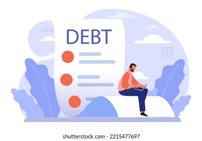 Debt concept. Character with a loan liability. Problem with finance and bankruptcy risk. Loan burden, mental stress from financial obligation. Flat vector illustration