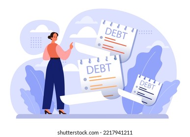 Schuldenkonzept. Charakter mit Kredithaftung. Problem mit dem Finanz- und Konkursrisiko. Kreditbelastung, mentaler Stress aus finanziellen Verpflichtungen. Flache Vektorgrafik