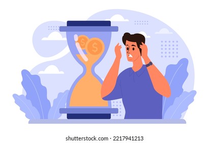 Debt concept. Character with a loan liability. Problem with finance and bankruptcy risk. Loan burden, mental stress from financial obligation. Flat vector illustration