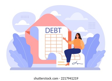 Concepto de deuda. Carácter con un pasivo por préstamos. Problema con las finanzas y el riesgo de quiebra. Carga crediticia, estrés mental por obligación financiera. Ilustración vectorial plana