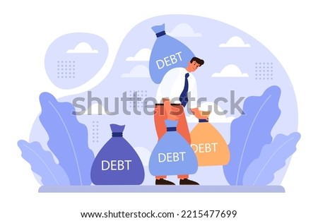 Debt concept. Character with a loan liability. Problem with finance and bankruptcy risk. Loan burden, mental stress from financial obligation. Flat vector illustration