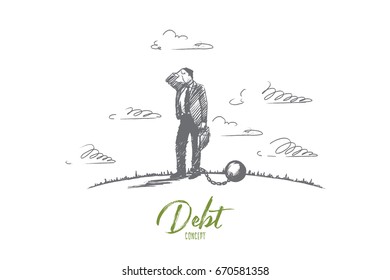 Debt concept. Hand drawn businessman chained to a large ball. Man in financial trouble isolated vector illustration.