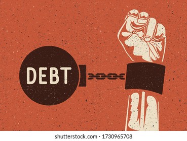 Debt concept. Hand silhouette cuffed to the weight with debt caption on red background. Financial dependence concept. Vintage styled vector illustration