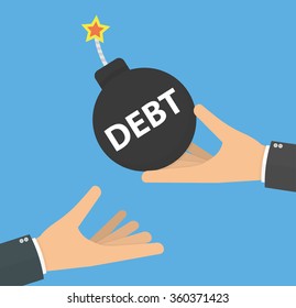 Debt concept. Hand taking or giving the debt. Hand giving bomb with burning fuse and debt text to another hand. Flat design