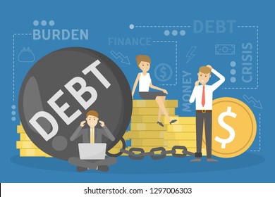 Debt concept. Problem with finance Big ball as metaphor of bankruptcy risk and burden. Man chained. Vector illustration in cartoon style