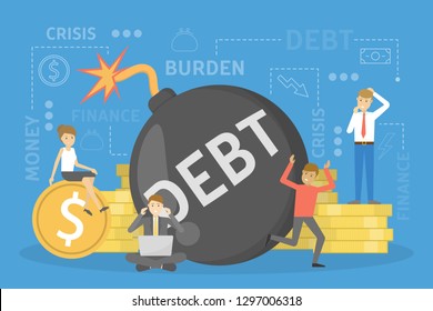 Debt concept. Problem with finance Big bomb as metaphor of bankruptcy risk. Vector illustration in cartoon style