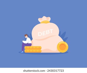 debt concept. sad and confused man because he has a lot of debt. sitting on coins and a sack of debt. financial and economic problems. loan money. illustration concept design. graphic elements. vector