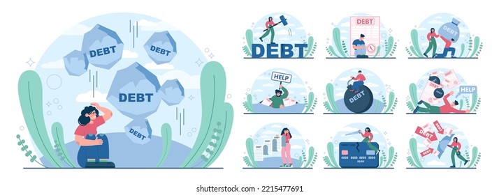 Conjunto de conceptos de deuda. Carácter con un pasivo por préstamos. Problema con las finanzas y el riesgo de quiebra. Carga crediticia, estrés mental por obligación financiera. Ilustración vectorial plana