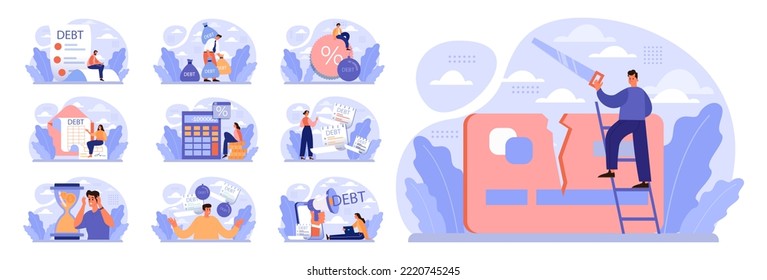 Debt concept set. Character with a loan liability. Problem with finance and bankruptcy risk. Loan burden, mental stress from financial obligation. Flat vector illustration