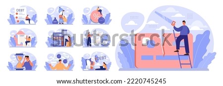 Debt concept set. Character with a loan liability. Problem with finance and bankruptcy risk. Loan burden, mental stress from financial obligation. Flat vector illustration 商業照片 © 