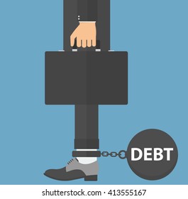 Debt concept. Weight of debt chained to businessman leg . Flat style