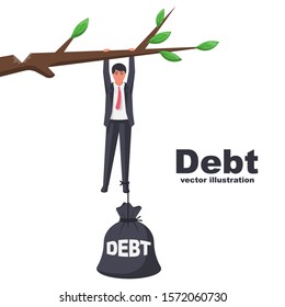 Debt conceptual. Businessman hanging on a branch with a big bag of debts. Vector illustration flat design. Isolated on white background. Lack of financial freedom. Credit limits a person.