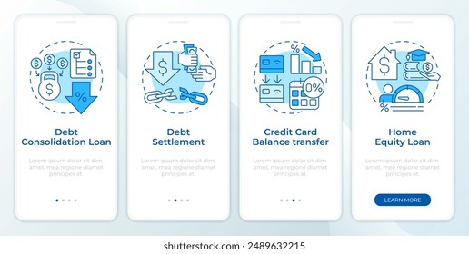 Debt consolidation programs blue onboarding mobile app screen. Walkthrough 4 steps editable graphic instructions with linear concepts. UI, UX, GUI template