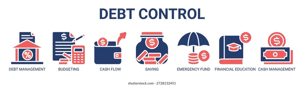 Concepto de Ilustración vectorial de íconos de Anuncio de Web de control de deuda con ícono de gestión de deuda, presupuesto, flujo de efectivo, ahorro, fondo de emergencia, educación financiera y gestión de efectivo.
