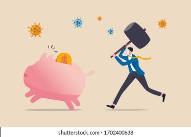 Debt in Coronavirus COVID-19 crisis, people have no money to pay for loan and getting broke concept, businessman holding hammer run to hit piggy bank, dollar coin money with Coronavirus pathogen.