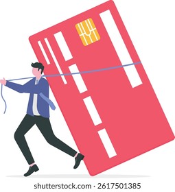 Debt, cost of living or expense to pay for, financial obligation for lifestyle concept, exhausted businessman pull the burden cart with credit card debt

