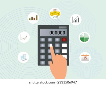 Debt Credit Accounting Calculation Concept Using Calculator with Icons of  Line Graph, Bar Graph, Pie Chart, Calendar and Notes