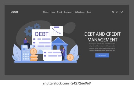 Debt and Credit Management Strategy. An analytical approach to managing finances, featuring ledger details, trend graphs, and banking symbols. Flat vector illustration