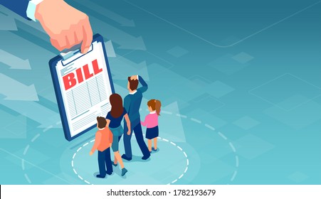 Debt Crisis And Finances Problem Concept. Vector Of A Stressed Young Family Feeling Frustrated By Mortgage And Financial Bills.