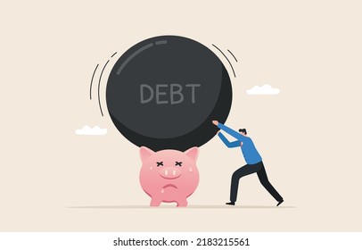 Debt crisis and loan problem. Lack of liquidity. Financial risk or instability. Businessmen trying to solve debt problems. black steel metal balls over a piggy bank.