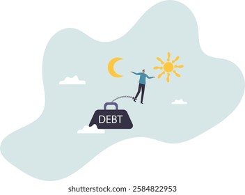 Debt crisis for salary man, working hard day until night making money to pay for debt of overspending habit.business concept.flat character.