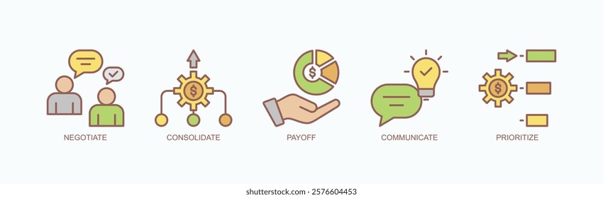Debt To Done Icon Set Isolated Vector With Icon Of Negotiate, Consolidate, Payoff, Communicate, Prioritize In Outline Color Style