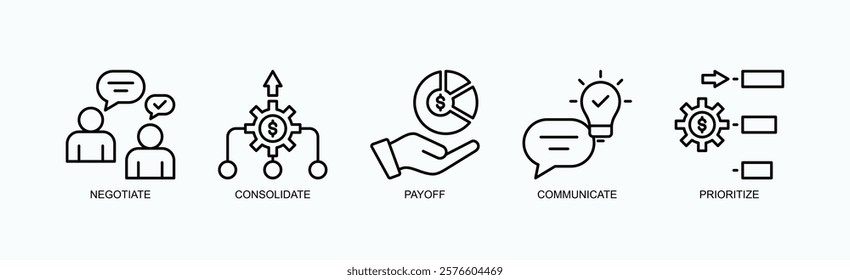 Debt To Done Icon Set Isolated Vector With Icon Of Negotiate, Consolidate, Payoff, Communicate, Prioritize In Outline Style