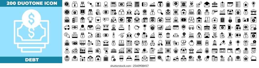 Debt Duotone Editable Icons set. Vector illustration in modern thin duotone style of debt icons: Debt Relief, Insolvent Aid, Credit Crash, Debt Snowball, Debtor Aid, etc