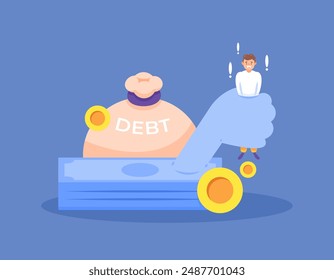 debt entanglement concept. trapped by a lot of debt. businessman who has a lot of debt. Financial Problem. illustration of a man holding the money from a loan. flat style design. graphic elements