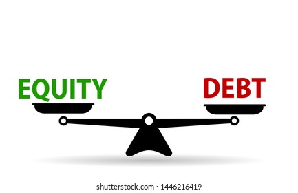 debt and equity in balance on scales, vector illustration 