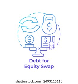 Debt for equity swap blue gradient concept icon. Debt settlement, exchange. Financial restructuring. Round shape line illustration. Abstract idea. Graphic design. Easy to use in infographic