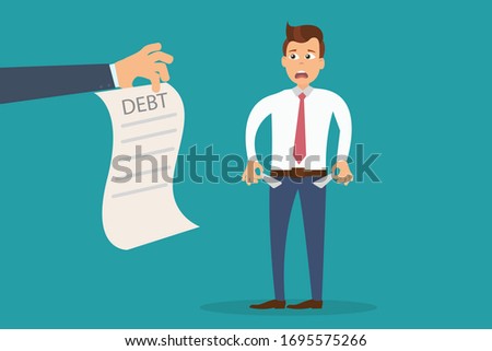 Debt financial disaster default concept. Vector of frightened man with empty pockets and crop hand showing debt receipt on blue background