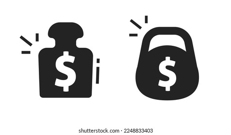 Debt financial icon as heavy tac weight burden set vector pictogram simple or economic money weigh dumbbell load symbol silhouette graphic clipart illustration image