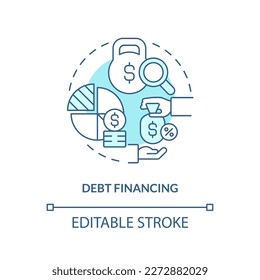 Schuldenfinanzierung Türkis Konzept Symbol. Finanzielle Zahlungen. IT Fundraising Tipp abstrakte Idee dünne Linie Illustration. Einzeln Umrisszeichnung. Bearbeitbarer Strich. Arial, Myriad Pro Fett Schriftarten verwendet