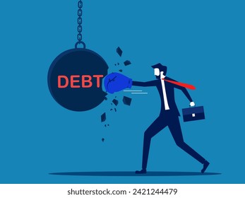 Debt free. Businessman punches a debt ball and destroys 