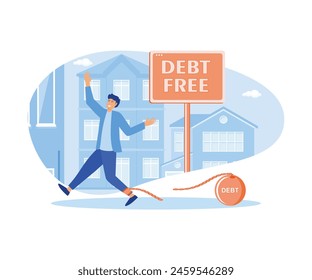 Debt free. Cheerful man with broken chains celebrating financial independence with victorious gesture. Debtor happy after paying off debts, bank loans. flat vector modern illustration 