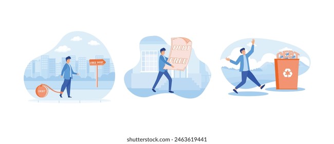 Concepto de deuda libre. Hombre de negocios con carta sin deudas. Concepto de deuda, hombre de negocios rechazó la palabra deuda a la basura. Conjunto de Vector plano ilustración moderna 