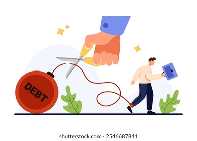 Debt free, freedom of financial payment, loan, tax, bankruptcy. Giant hand holding scissors to cut chain with Debt weight ball connection from tiny happy businessman with briefcase vector illustration