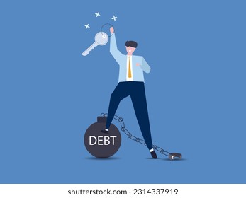 Debt free or freedom for pay off debts,solution to solve financial problem, savings or investment to break free,businessman holding golden key after unlock debt burden chain.vector illustration.