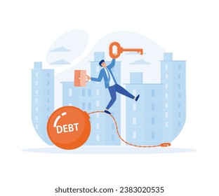 Debt free or freedom for pay off debts, solution to solve financial problem, happy businessman holding golden key after unlock debt burden chain. flat vector modern illustration