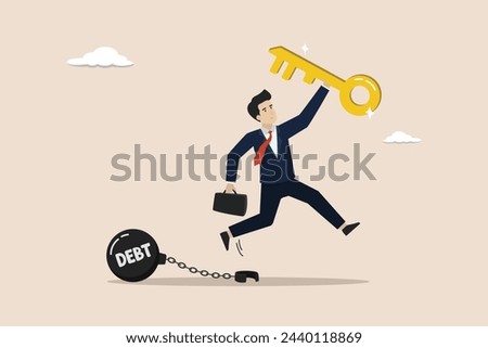 Debt free or freedom for pay off debts, solution to solve financial problem, investment to break free, happy businessman holding golden key after unlock debt burden chain.
