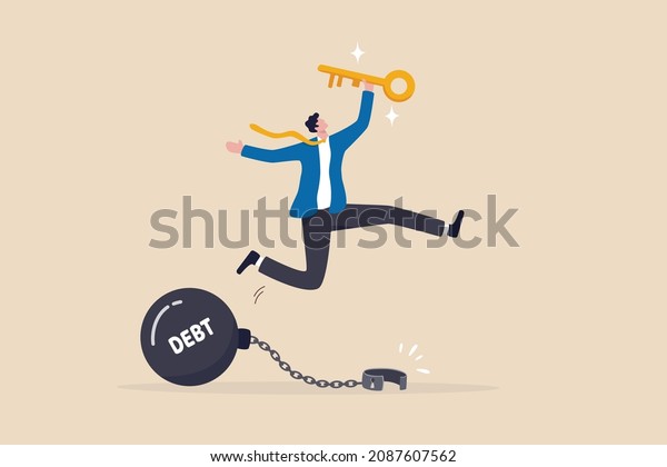 Debt free or freedom for pay off debts, loan or\
mortgage, solution to solve financial problem, savings or\
investment to break free, happy businessman holding golden key\
after unlock debt burden\
chain.