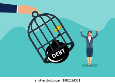 Concepto de vector libre de deuda: Joven empresaria que se siente libre de deudas mientras usa máscara facial y sale de la jaula