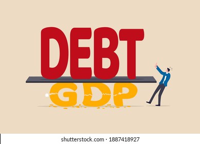 Debt to GDP crisis, COVID-19 causing economic recession, bankruptcy business high risk of debt bloat concept, huge heavy DEBT on top of broken GDP, Gross Domestic Product as recession indicator ratio.