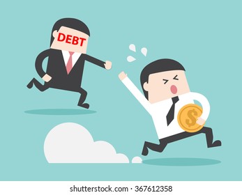 DEBT hunting grabbing businessman with money. Flat design for business financial marketing banking advertisement office people property in minimal concept cartoon illustration.