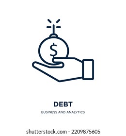 Schuldensymbol aus der Sammlung von Business- und Analytics. Dünne lineare Schulden, Bank, Finanzrahmen Symbol einzeln auf weißem Hintergrund. Zeilenvektorschuldzeichen, Symbol für Web und Mobile