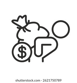 debt icon, human carrying big debt, bag with money, thin linear vector illustration