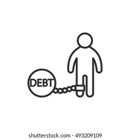 debt icon, line design. man chained to the weight. financial indebtedness, vector linear illustration. restriction of movement.