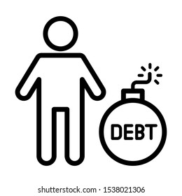 Debt icon, man with wording DEBT placed in the middle of the bomb. Simple design. Line vector. Isolate on white background.